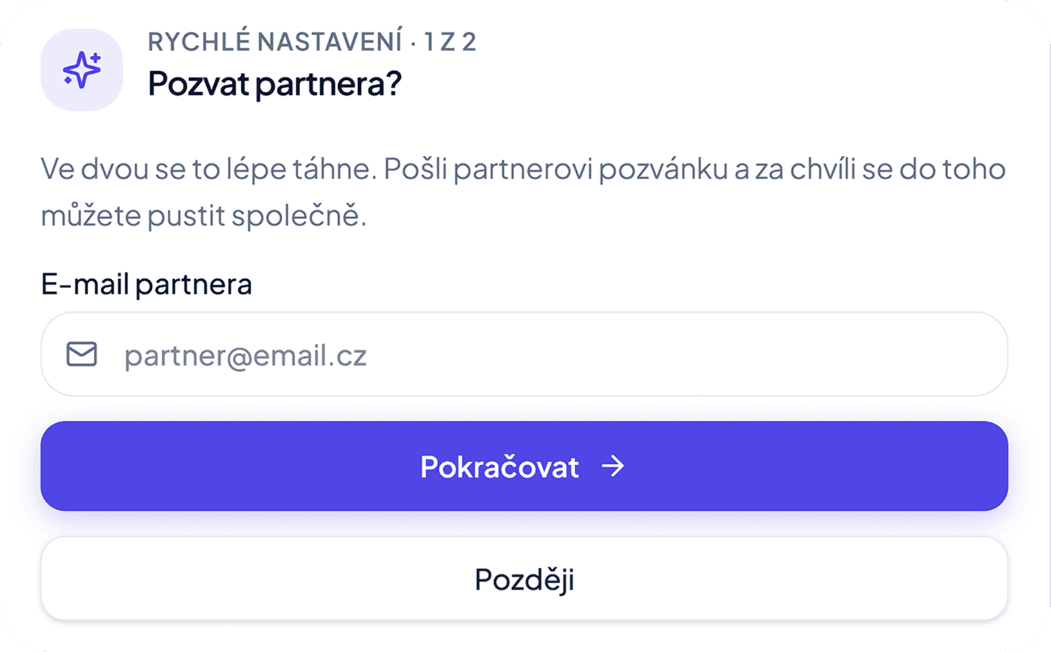 Onboarding Porty — pozvání partnera e-mailem hned po registraci (rychlé nastavení 1 z 2)